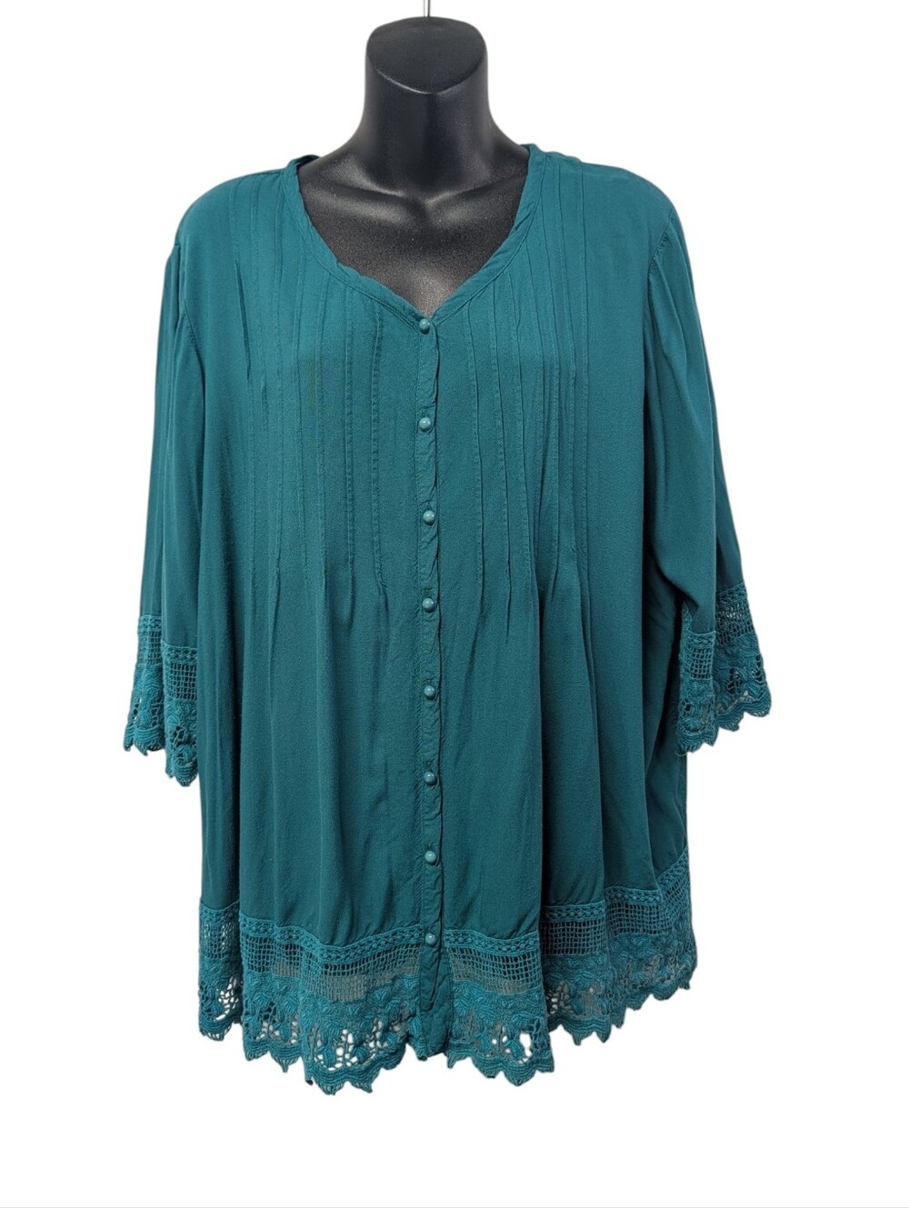 Blair Women's Size L Teal Green Lace Trim Button Front 3/4 Sleeve Tunic Top